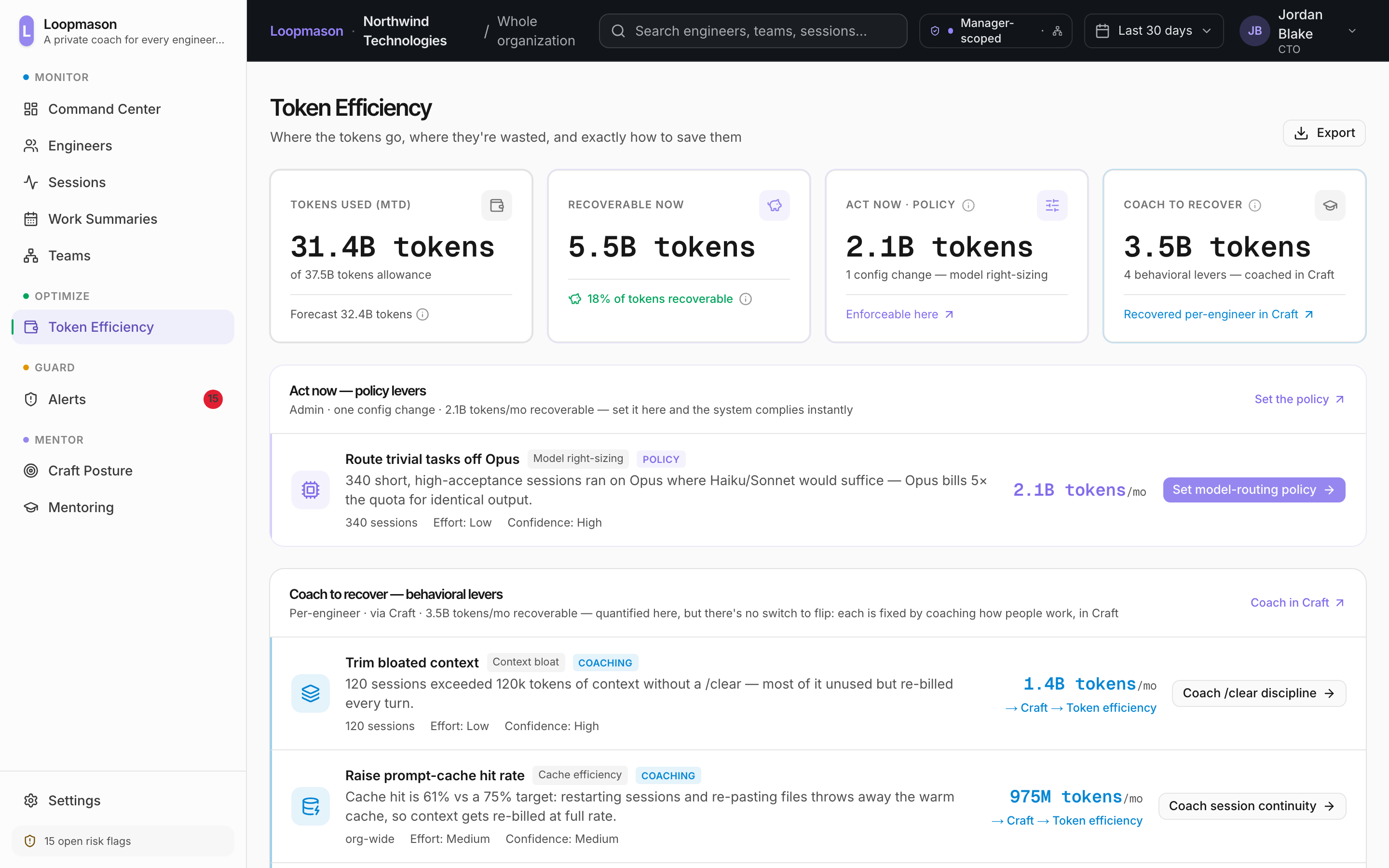 Token Efficiency: recoverable tokens split by policy and coaching levers
